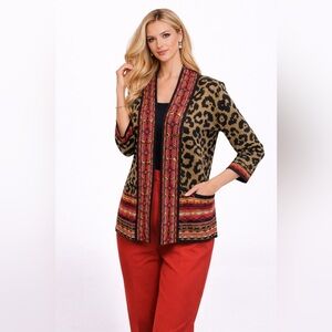 Ruby Rd. Leopard Print Sweater Cardigan Long Sleeve Size PS Front Trim Is Beaded